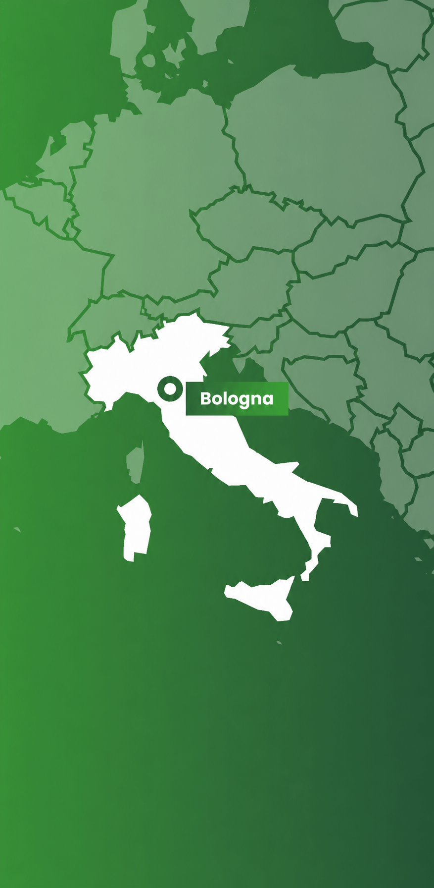 Italy on a map of Europe, with Bologna marked