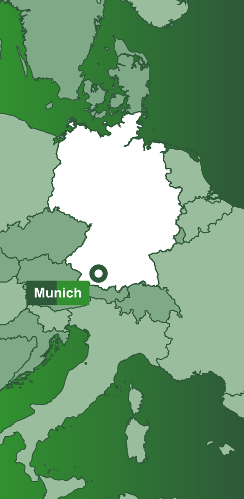 Germany on a map of Europe, with Munich marked